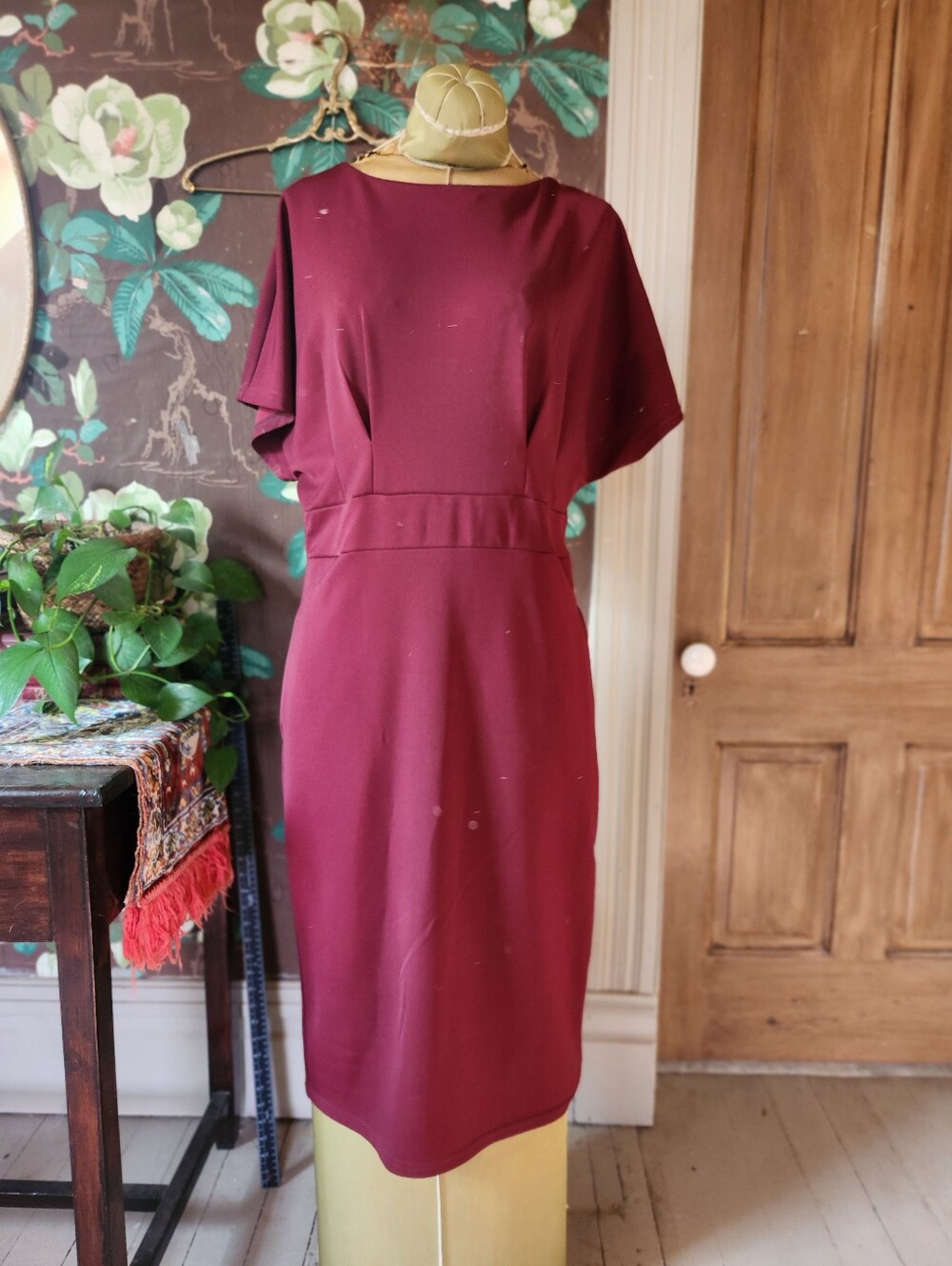 Jasambac Burgundy Batwing Sheath Dress | Size L | Office Career Cocktail